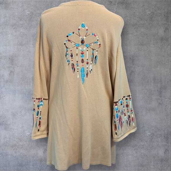Bob Mackie Wearable Art Beige Dreamcatcher Embroidered Cardigan Sweater Size 3X - Picture 6 of 10